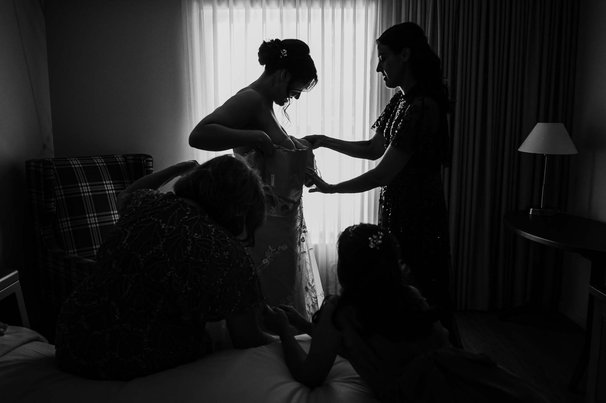 A bride gets ready at the Hotel Indigo in Alexandria, Virginia.